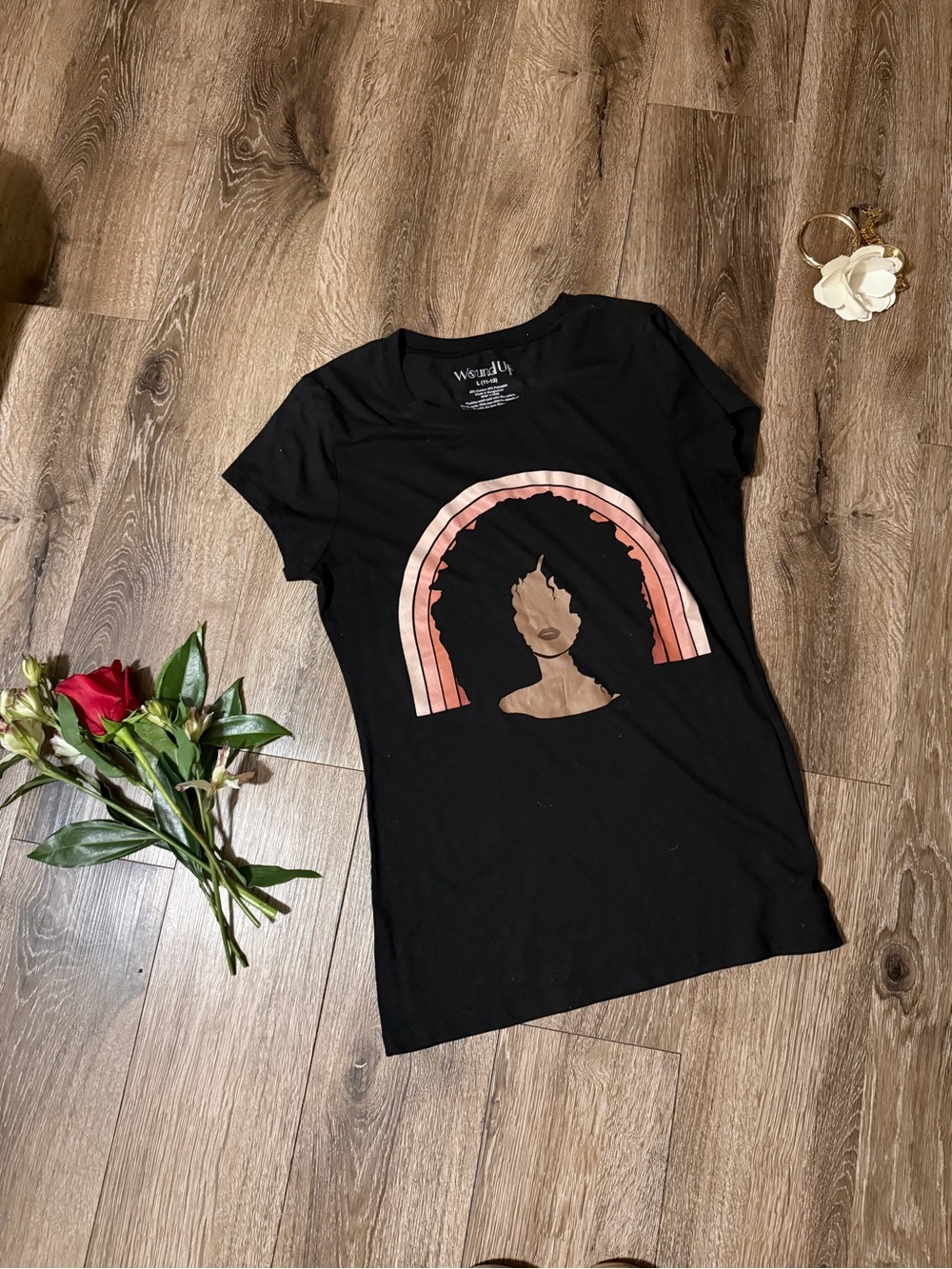 Wonderly Black Tee with Pink Gradient Rainbow and Silhouette